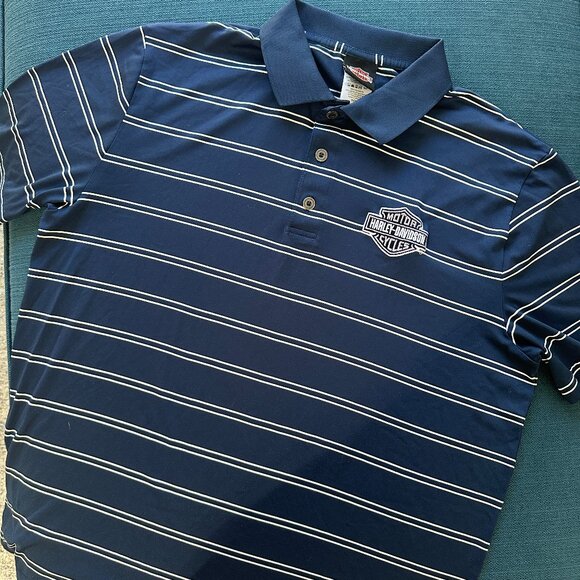 Harley Davidson Golf Polo Navy Blue and White Striped - Embroidered Logo - Picture 2 of 7